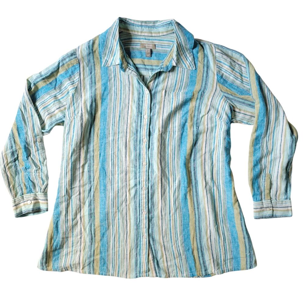 Naturals D&Co Womens 1X Blue Green Striped Linen Blend Blouse Button Up Natural
